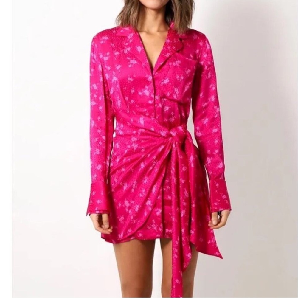 Acler Evanston Hot Pink Floral Dot Print Draped Satin Designer Mini Dress Size 6